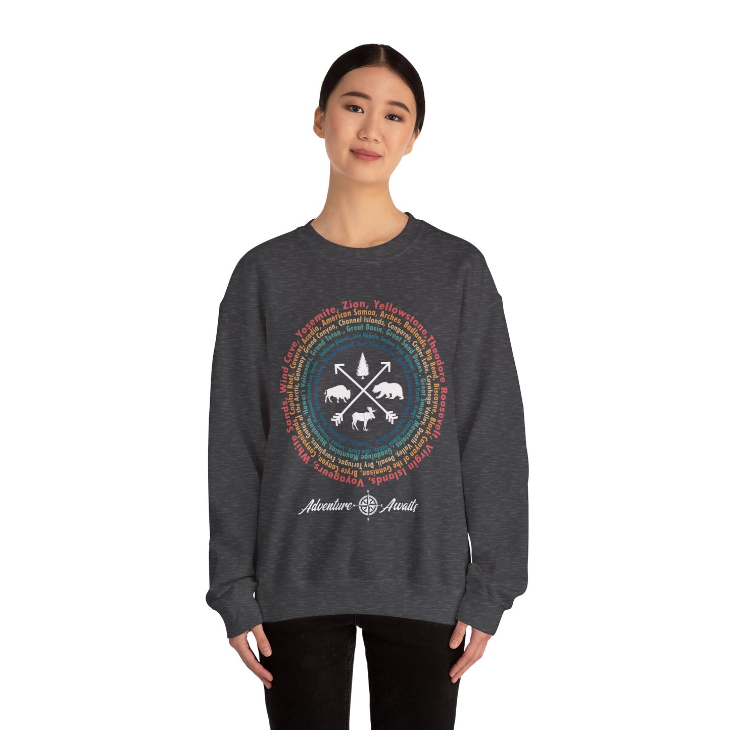 All 63 US National Park List Adventure Awaits Compass Hiking Sweatshirt - Np028all