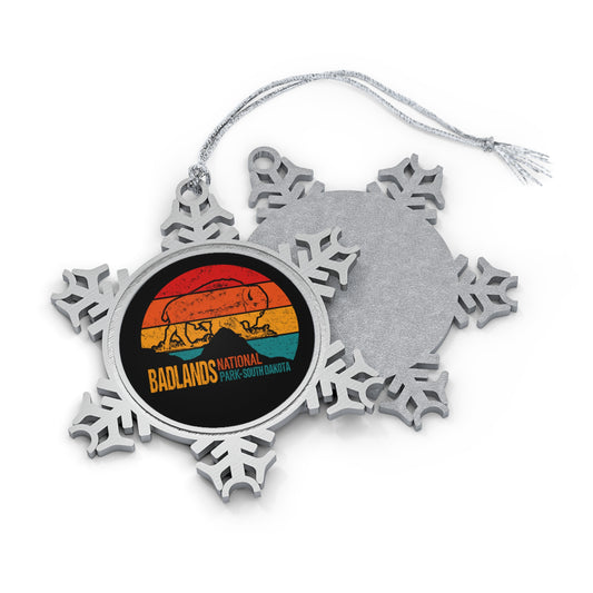 Vintage Badlands National Park Hiking Mountain Bison Buffalo Pewter Snowflake Ornament - NP092ALL