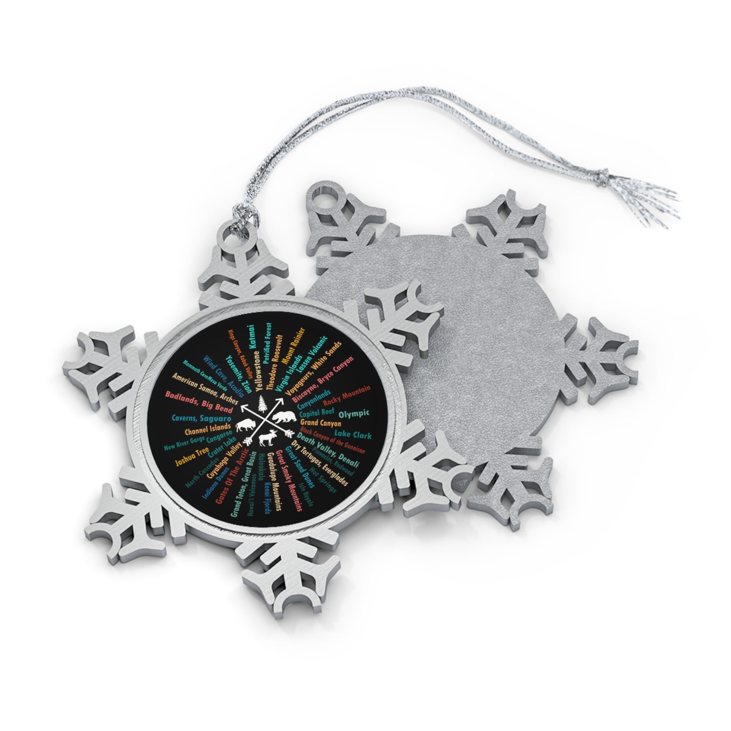 All 63 US National Park List Adventure Awaits Hiking Pewter Snowflake Ornament - Np0126all